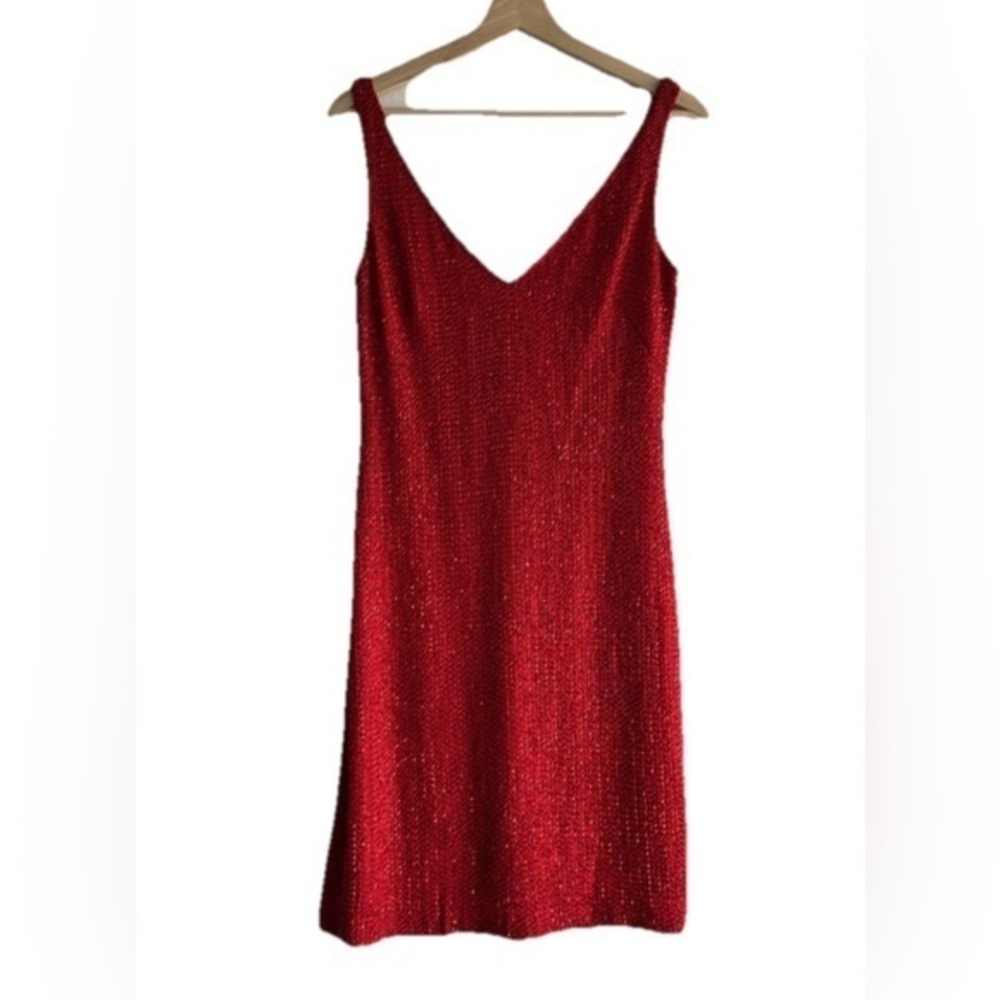 Vintage Niteline Red Beaded Y2K 90s Mini V Neck Dress Sz. 8